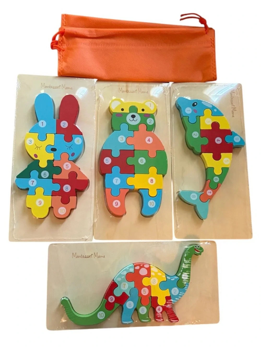 Montessori Wooden Puzzles with Carrying Bag (4 Pack) NIB